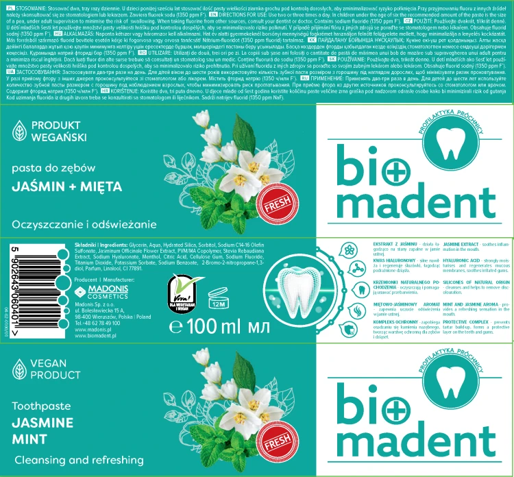 BIO MADENT Naturalna pasta do zębów Jaśmin + Mięta + Kwas hialuronowy 100 ml