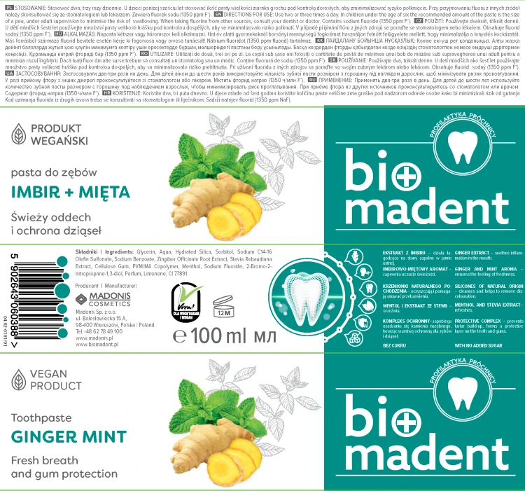 BIO MADENT Odświeżająca pasta do zębów Imbir + Mięta 100 ml