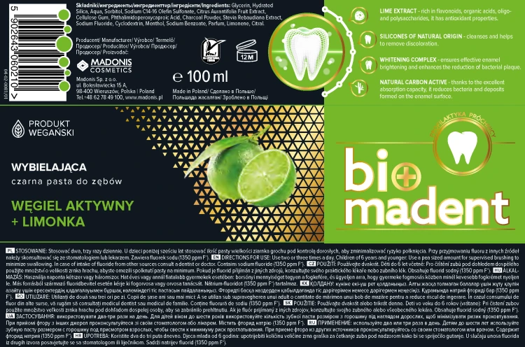 BIO MADENT Wybielająca pasta do zębów z węglem drzewnym z bambusa i limonką 100 ml