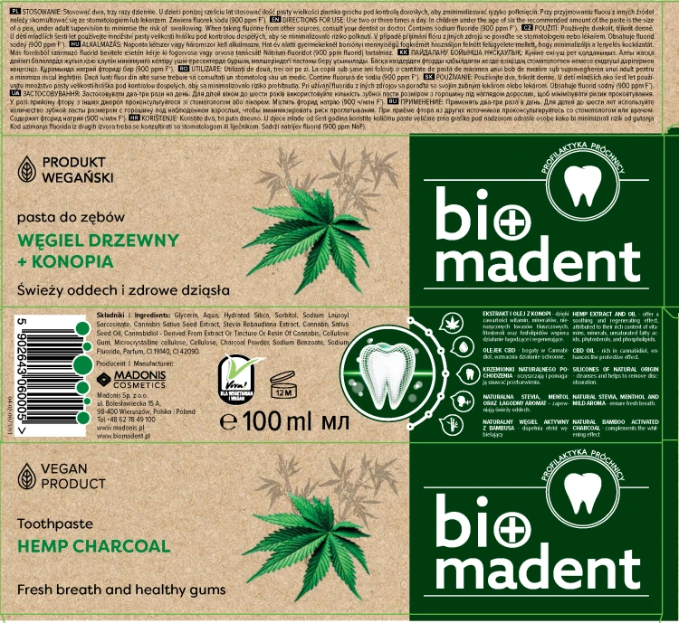 BIO MADENT Konopna pasta do zębów z CBD i węglem drzewnym z bambusa 100 ml