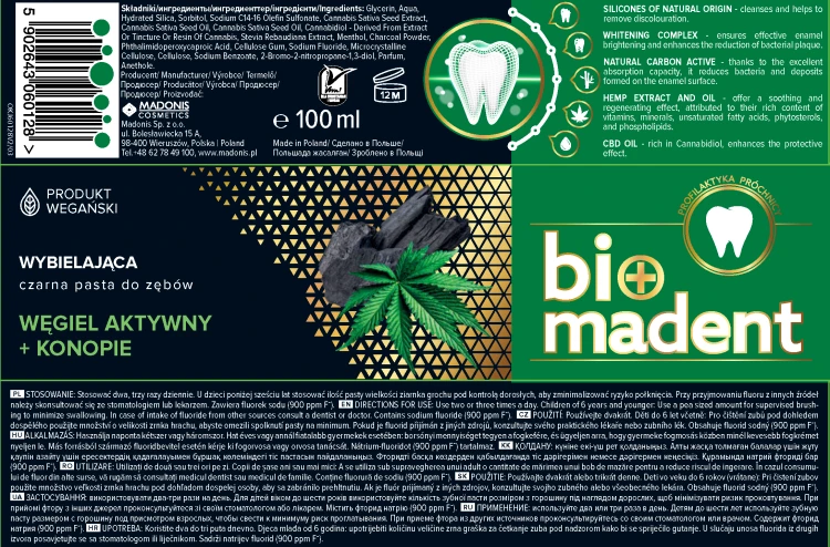BIO MADENT Wybielająca konopna pasta do zębów z CBD i węglem z bambusa 100 ml