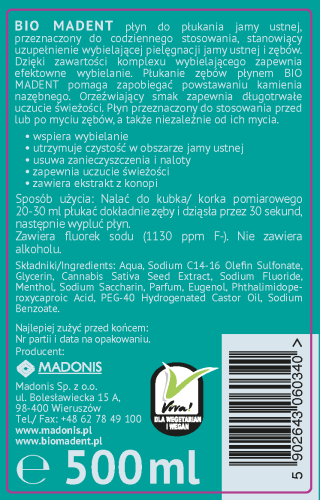 Bio Madent Konopny wybielający płyn do płukania jamy ustnej z CBD 500 ml
