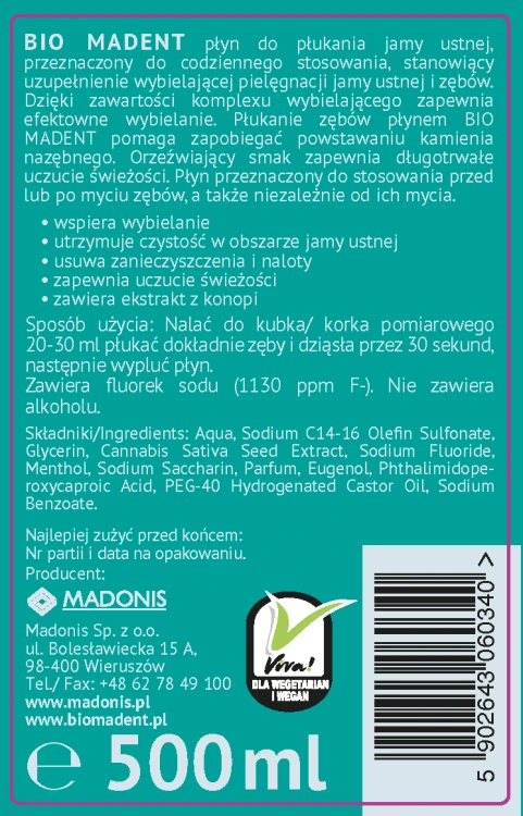 Bio Madent Konopny wybielający płyn do płukania jamy ustnej z CBD 500 ml