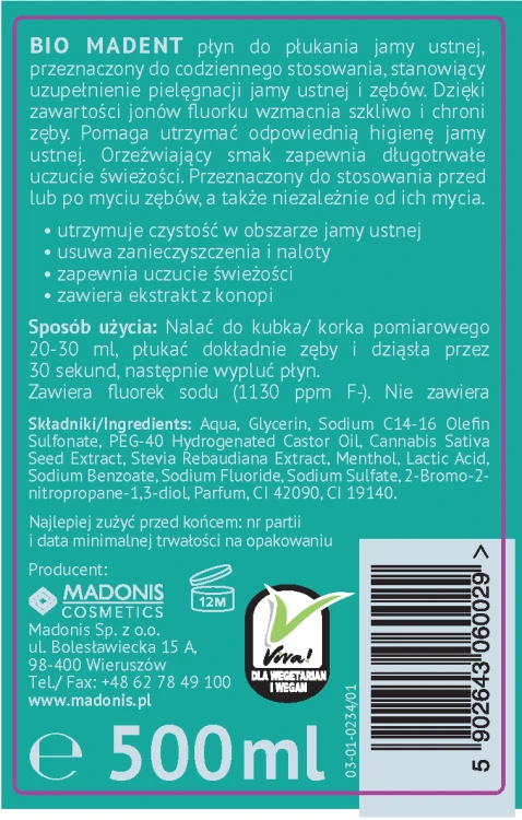 BIO MADENT Konopny płyn do płukania jamy ustnej z CBD 500 ml
